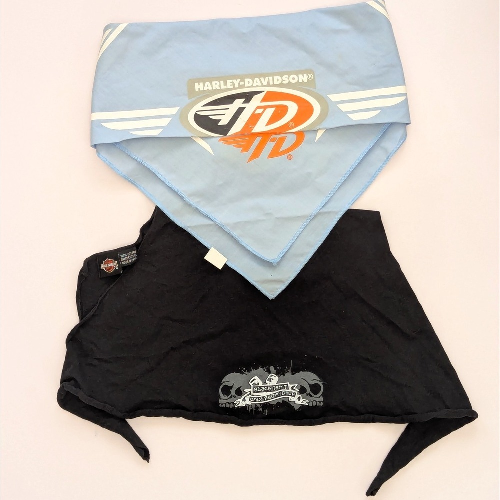 Harley Davidson Logo Bandana Head Wrap Skull Cap Biker Light Blue Black Lot Of 2 - Picture 3 of 14